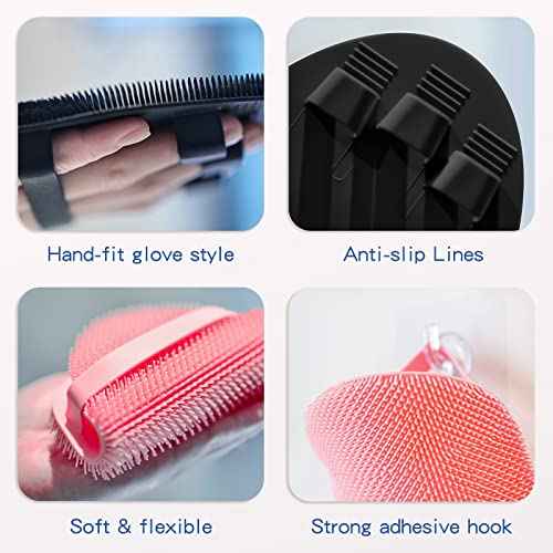 Manmihealth Silicone Back Scrubber (Thick Bristles) & Bath Glove & Face Brush Set(3PCS), Super-Exfoliating & Lathering Body Scrubber, Shower Brush, Face Scrubber Combination, with a Free Hook.(Black)