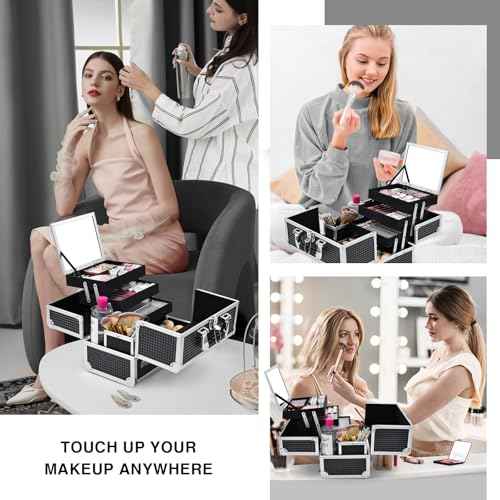 Joligrace Makeup Train Case Makeup Case 3-Tray Cosmetic Box with Mirror, Shine Black, 11.8-in Large Makeup Box with Detachable Brush Holder, Lockable Portable Makeup Travel Organizer Case