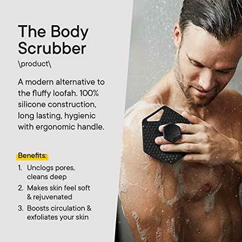 TOOLETRIES Body Scrubber & Hook - Premium Silicone Scrub for Cleaning, Exfoliating and Invigorating Your Skin - Shower Accessories - Durable & Long Lasting Body Wash Scrubber for Men - Charcol