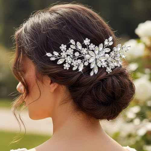 Unsutuo Crystal Bride Wedding Hair Comb Silver Rhinestone Flower Bridal Hair Pieces Pearl Wedding Hair Accessories for Women and Girls(Silver)