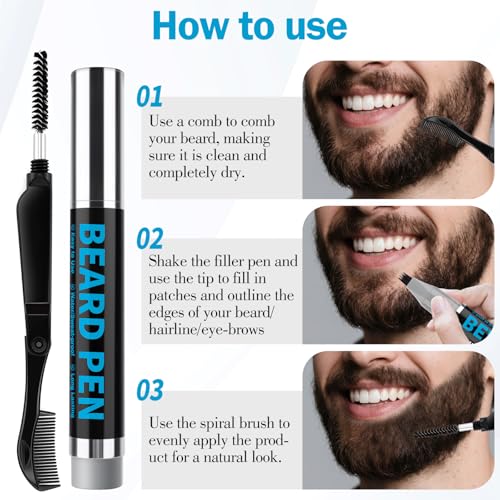 5PCS Beard Pen Filler for Men, Waterproof & Sweat Proof Long-Lasting Beard Pen Kit for Eyebrow Hairline Moustach #Black