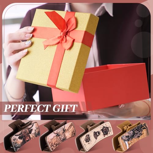 4 Pcs Christmas Western Leather Hair Claw Clips Bulk Cow Print Highland Cattle Hair Claw Clips Western Accessories Gifts for Women Country Cowgirl Stuff Xmas Accessories (Cow)