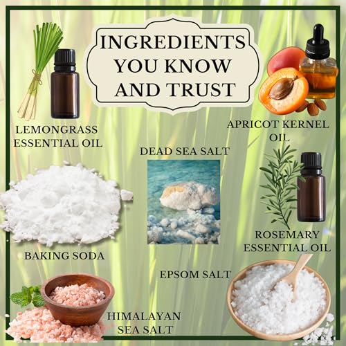 | 6 Lemongrass Rosemary Self Care Gifts for Women, Aromatherapy Epsom Salt Bath Soak, Lavender Soap, Bath Bombs, Bath Salts with Plant Based Loofa Dry Brushing Body Brush Gift