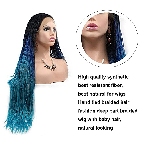 Braided Wigs for Black Women Ombre Blue Lace Front Wig Box Braided Lace Frontal Wigs Natural Hairline Synthetic Wigs Handmade Micro Braids Free Part Glueless Hair Replacement Wigs Cosplay Daily