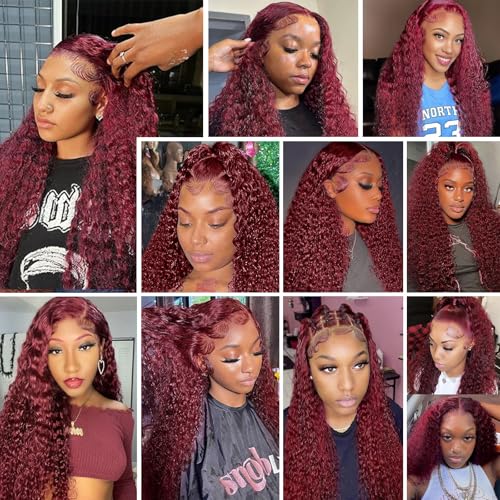 28 Inch 13x6 99j Burgundy Lace Front Wigs Human Hair Wigs For Women 180% Density 99J HD Deep Wave Lace Frontal Wigs Curly Wine Burgundy Wig Pre Plucked With Baby Hair