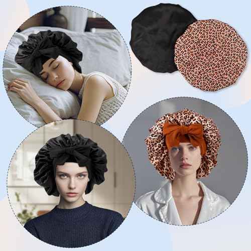 2 Pcs Satin Silk Bonnets for Women,Hair Bonnet with Tie Band,Silk Bonnet Sleeping Cap for Curly Hair,Black & Leopard