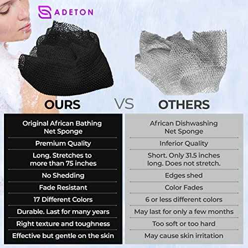 Adeton African Net Sponge, Authentic, with Knots, Exfoliating Bath Wash Cloth, Real Sapo, Black Owned, Long Sponge, Body Exfoliator, Shower Accessories, Back Foot Scalp Scrub Dead Skin Remover (Black)