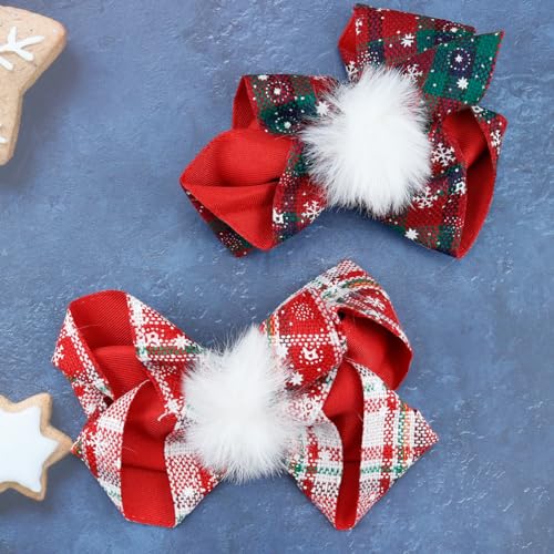 2PCS Christmas Hair Bows for Girls Large Bow Hair Barrette Clip Christmas Bow Clips for Toddler Baby Christmas Plaid Hair Bow Handmade Snowflakes Bowknot Hairpins Kids Hair Accessories(Style A)