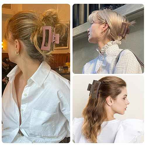 Hair Clip, 3.5 Inch Medium Square Claw Clips Rectangle Clips 6 Pack Rubber Paint Acrylic Plastic Metal, Non-Slip Design for Women Girls - Coffee