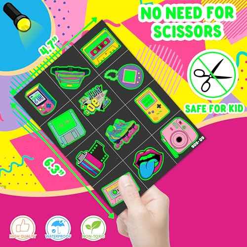 96 PCS Back to the 90s 80s Pre-Cut Luminous Temporary Tattoos for Kids Theme Birthday Party Decorations Supplies Favors Decor Super Cute Retro Stickers Tattoo Gifs for Boys Girls Rewards Carnival