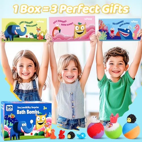30 Bath Bombs for Kids with Toys Inside, Kids Bath Bombs Gift Set with 30 Sea & Land & Sky Animal Surprise Toy, Bubble Bath Toys, Christmas Gifts for Girls Boys, Stocking Stuffers