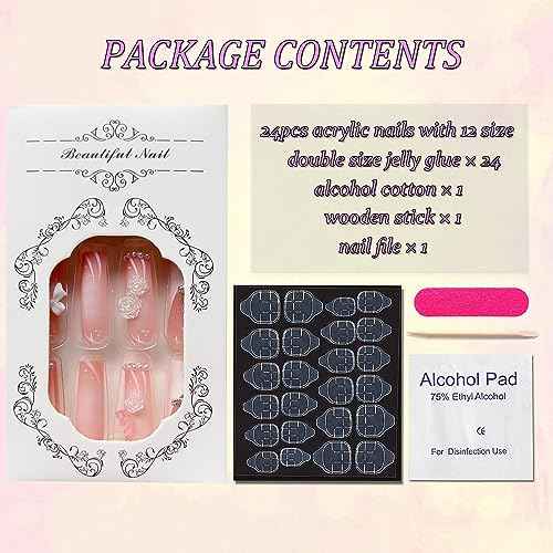 24 Pcs Long Square Press on Nails French Tip Fake Nails Full Cover 3D Rhinestone Acrylic False Nail Tips with Gems Sweet Pink Stick on Nails Long Artificial Nails for Women Manicure Decorations
