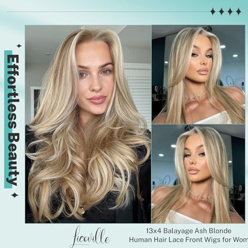 Ash Blonde Highlight Wig Human Hair Pre Plucked with Baby Hair 180% Density Glueless 13x4 HD Lace Frontal Wig Balayage Ash Blonde and Platinum Lace Front Wigs Human Hair with Brown Roots Pre Plucked