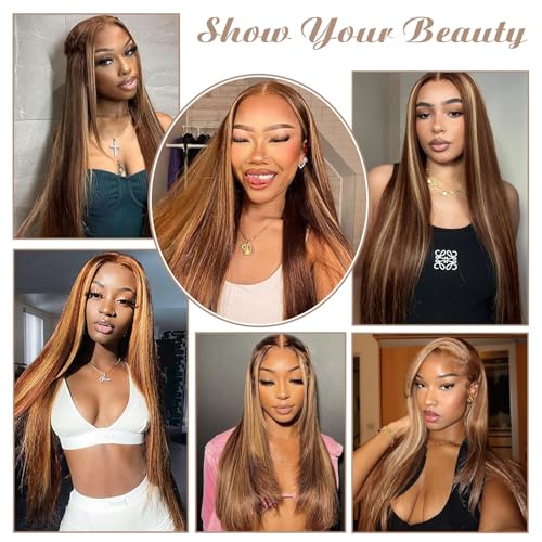 Honey Blonde Ombre Lace Front Wig Human Hair 13x6 HD Transparent Straight Lace Front Wigs Pre Plucked 200% Density 4/27 Colored Human Hair Wig for Women 24 Inch