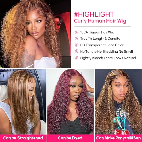 Juvid 200% Density 13x6 Highlight HD Lace Front Wig Human Hair Curly Human Hair Honey Blonde 4/27 Ombre Lace Frontal Pre Plucked Baby Hair 100% Virgin Hair Wigs for Black Women Deep Curl 18inch