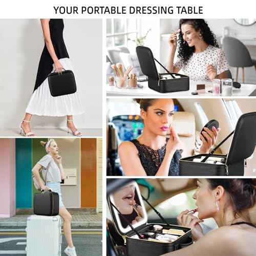 Travel Makeup Bag with Mirror of LED Lighted, Makeup Train Case with Adjustable Dividers, Makeup Case with Mirror and Detachable 10x Magnifying Mirror
