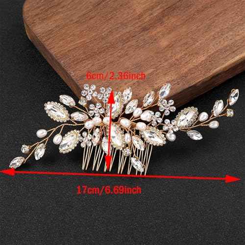 Women Girls Wedding Party Flower Pearl Hair Comb, Floral Crystal Bridal Hair Piece Side Combs Wedding Hair Pin Hair Accessories (Gold)