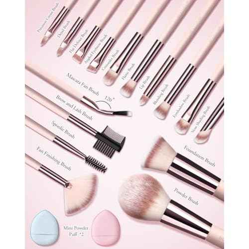 Makeup Brushes with Case, 20PCs Travel Makeup Brush Set, Foundation Concealer Blush Eyeshadow Brush Set Contour Powder Eyebrow Eyelash Brush Kit with Led Light Mirror Holder & 2 Powder Puff-Pink