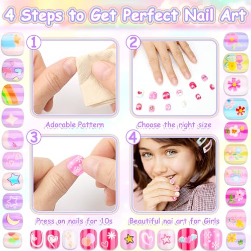 Audab 144 Pieces Mini Nails Set for Kids Press on Girls Nails Kit Fake Nail Tips Short False Nail Full Cover Stick on Nails for Kids 8-12 Sleepovers Stuff Spa Parties Supplies Valentine Day Gifts
