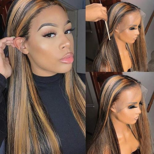 Ombre Blonde Human Hair Wig 13x4 HD Transparent Lace Front Black to Brown Blonde Human Hair Highlights 20" for Women Pre Plucked Ombre Honey Blonde Wig with Black Roots Pre Plucked Wigs 150% Density