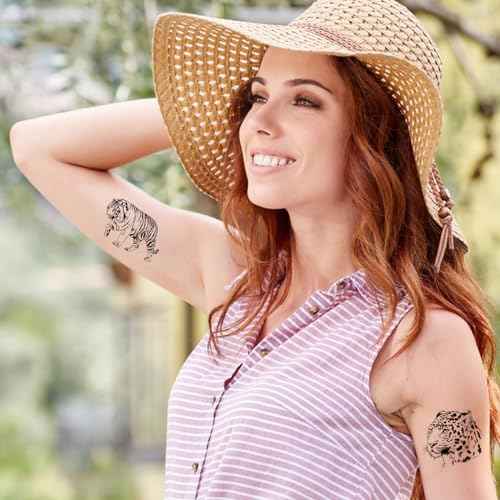 12 Sheets Tiger Temporary Tattoos for Men Women, Realistic Tiger Arm Chest Leg Back Shoulder Tattoo Stickers for Adults, Wild Beast Animal Body Art