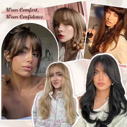 Clip in Bangs, 100% Real Human Hair Natural Black Fake Bangs Clip in Hair Extensions French Bangs Fringe with Temples Hairpieces for Women Curved Curtain Bangs for Daily Wear