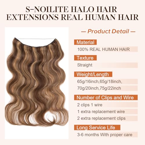 Halo Hair Extensions Real Human Hair,S-noilite 100% Wavy Human Hair Halo Extensions for Women65g/16inch 4P27 Medium Brown Mixed Dark Blonde
