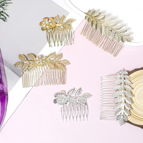 5PCS Leaf Hair Combs for Women Accessories Gold Silver Rhinestone Hair Comb Clips with Teeth Combs for Wedding Metal Decorative French Twist Slide Comb for Bride Bridesmaid Christma Parties Prom Dance