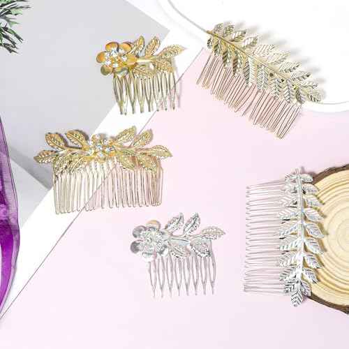 5PCS Leaf Hair Combs for Women Accessories Gold Silver Rhinestone Hair Comb Clips with Teeth Combs for Wedding Metal Decorative French Twist Slide Comb for Bride Bridesmaid Christma Parties Prom Dance