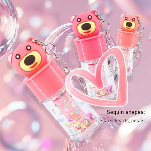6 Pcs Hydrating Lip Gloss Set, Shimmer Glossy Moisturizing Lip Jelly Sequins and Sparkles Lip Make-Up for Kids and Teens Party Gift Cute Bear Keychain Design