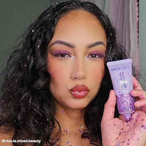 MEICOLY Purple Hair Glitter Kids Makeup,Halloween Sparkly Face Glitter,Mermaid Sequins Face Body Glitter,Chunky Glitter for Festival Rave Accessories Costume Outfits for Women,50ml