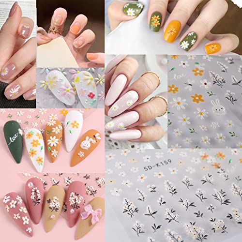 5D Leaf Flowers Nail Stickers For Nail Art Decor,Embossed Daisy Floral Nail Decals 3D Self-Adhesive Nail Supplies Leaves Rabbit Charms Spring Flower Stickers For Women Acrylic Nails Decorations,5sheet
