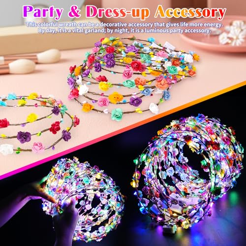 100 PCS LED Flower Crowns Headbands, Light Up Flower Crowns For Women, Glow in the Dark Headband for Wedding Reception Birthday Christmas Mardi Gras Cosplay Princess Party Favors