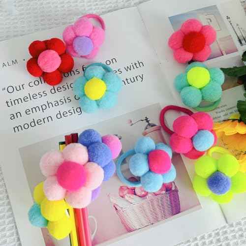 12pcs Flower Pom Poms Fluffy Ponytail Holders with Balls - Hair Accessories for Girls