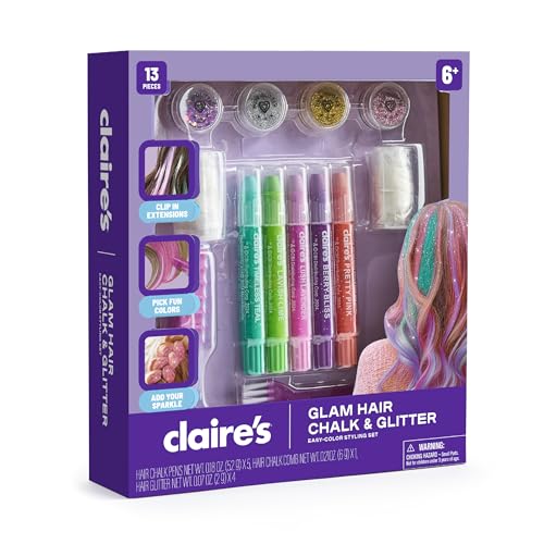 Claire's Hair Chalk & Glitter Styling Kit ? 13-Piece Temporary Hair Color Set with Washable Chalk Pens, Glitter Gels, Clip-in Extensions & Tools| Girls Beauty Activity Toy| Fashion Craft Kits Ages 6+