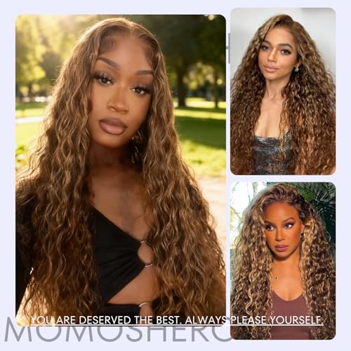 Highlight Water Wave Ombre Honey Blonde Curly Bundles, 4/27 Brown Highlighted Wet and Wavy Bundle Weave, Soft 12A 100% Virgin Hair 3 Bundles 10 12 14 Inch