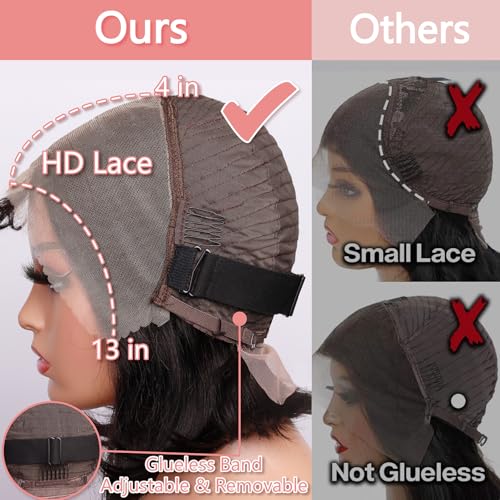 10 Inch Bob Wig Human Hair 13x4 HD Lace Front Wigs Pre Plucked Short Bob Wig Lace Frontal Wigs for Black Women, Short Straight Glueless Human Hair Wig with Elastic Band, 180% Density, Natural Black