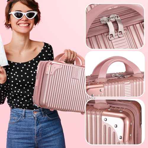 Noverlife 14 Inch Portable Makeup Travel Case Hand Luggage, Pressure-proof ABS Carrying Makeup Case Suitcase with Elastic Band, Small Hard Shell Cosmetic Case for Travel Camping Women Girl - Rose Gold