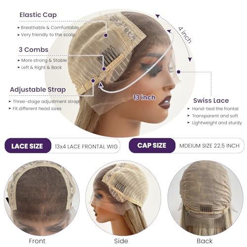 Ubetta Highlight Ash Blonde Wig Human Hair, 13x4 HD Balayage Glueless Wigs Human Hair Ash Brown to Ash Blonde Highlights Pre Plucked 18 Inch 180% Density Lace Frontal Human Hair Wigs for White Women