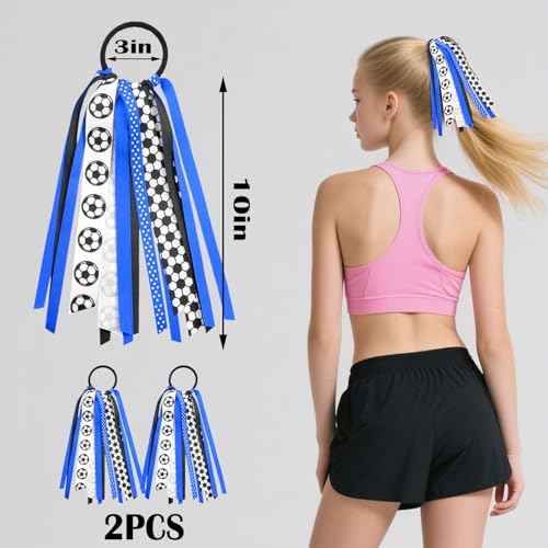 2pcs Soccer Ponytail Holders Hair Ribbons Streamer Blue Black Soccer Elastic Hair Ties Band Hair Scrunchies Game Day Party Accessories Back School Gift for Women Cheerleader Fans