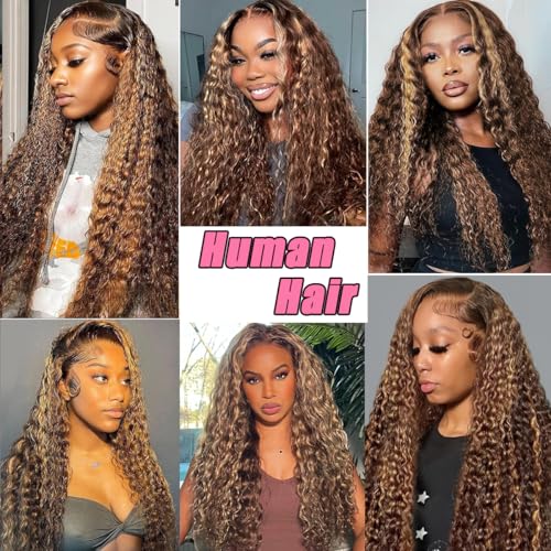 Highlight Ombre Lace Front Wig Human Hair Pre Plucked 13x6 HD Honey Blonde 4/27 Deep Wave Lace Frontal Wigs 200% Density Glueless Colored Wigs for Women Wet and Wavy Lace Front 18 Inch