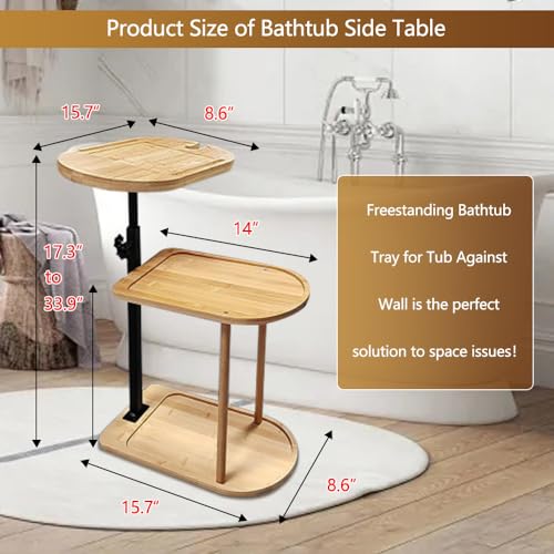 3 Layer Bathtub Tray Table,Bamboo Swivel Bathtub Side Table Height Adjustable,Freestanding Bathtub Tray for Tub Against Wall,Bathtub Accessories&Bathroom Organizer for Luxury Home Spa (Natural)