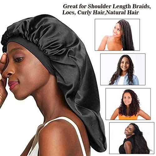 Long Satin Bonnet Sleep Cap Extra Large Silk Sleeping Cap with Wide Elastic Band Loose Night Hat for Women Braids,Curly Hair,Natural Hair,Very Soft & Comfortable (Black)