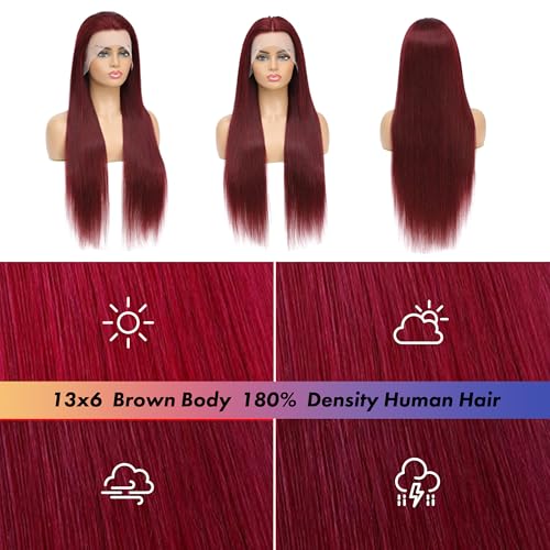 99j Burgundy 26 Inch Straight Wig Human Hair 13x6 Hd Lace Front Human Hair Wigs For Black Women Glueless Lace Front Wigs Pre Plucked 180% Density Red Wig