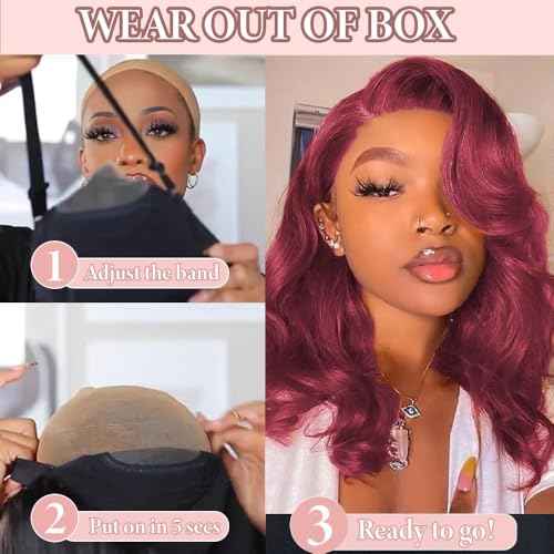 Caijuxing 99j Burgundy Glueless Body Wave Bob Wig Human Hair 200% Density With Baby Hair 4x4 Hd Lace Closure Wigs For Black Women Wear And Go Glueless Bob Wig (14 Inch)
