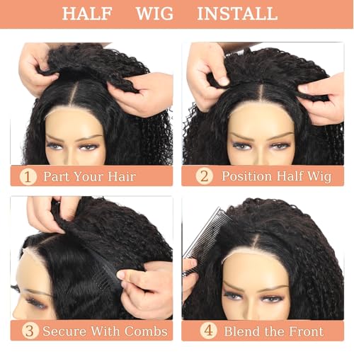 Half Wig Human Hair 3 In 1 Special Curly Half Wigs for Black Women 200% Density Wear and Go Glueless Wig Drawstring Ponytail Seamless Flip Over No Lace Headband Wig Beginner Friendly 16 Inch