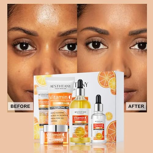 Vitamin C Skin Care Set For Women , 5-In-1 Moisturizing Hyaluronic Acid Skin Care Routine with Facial Cleanser, Serum, Face Cream, Eye Cream, Toner