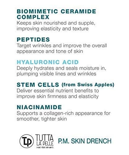 Tutta La Pelle Anti Aging Night Cream - Intense Hydrating Face Moisturizer - Enriched with Hyaluronic Acid, Ceramide, Peptides, Excellent Night Face Cream - Fragrance Free - Light Feeling - 1.7 oz