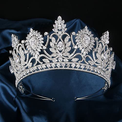 QXMYOO Luxury Large Tiaras and Crowns for Wedding Cubic Zirconia Pageant Crown Tall Bride Tiara Silver Gold Sun Flower CZ Birthday Prom Party Headpiece Bridal Hair Accessories