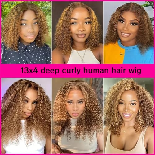 Curly Bob Wig Human Hair For Beginners Glueless Wigs Human Hair Pre Plucked Pre Cut 4/27 Highlight Ombre Honey Blonde 200 Density 13x4 Deep Curly Lace Closure Short Bob Wigs 8 Inch